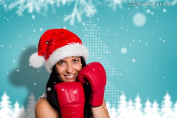 女子戴红色拳击手套的复合形象