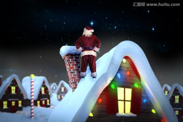 圣诞老人站在屋顶的复合形象