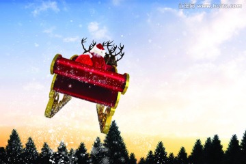 圣诞老人坐着雪橇飞行的复合形象