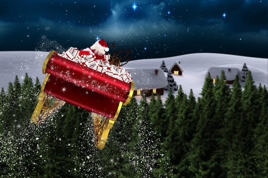 圣诞老人坐雪橇车飞行的复合形象