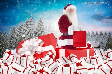 圣诞老人站在大礼物中的复合形象