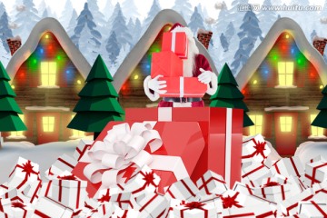 圣诞老人站在大礼物中的复合形象