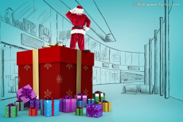 圣诞老人站在礼物上的复合形象