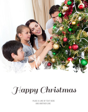 一家人装饰圣诞树的复合形象