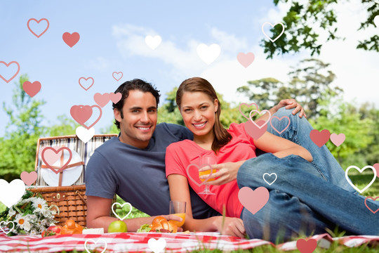 夫妇微笑着在外野餐的复合形象