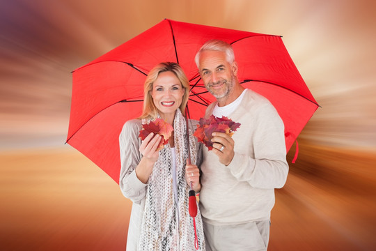 夫妇在伞下拿着叶子的复合形象