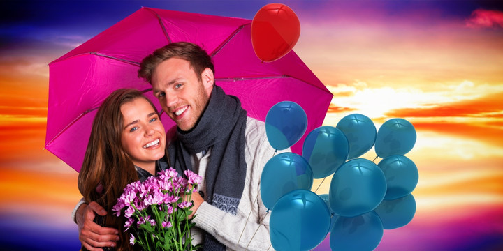 带着鲜花和雨伞的年轻情侣
