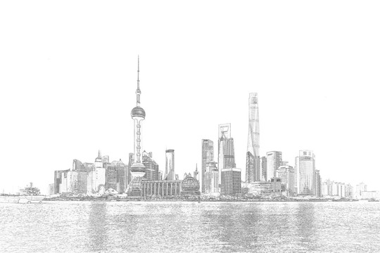上海外滩全景线描