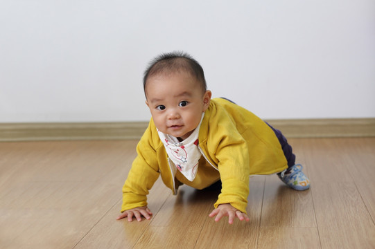 时尚婴儿双手撑着仿木地板爬行
