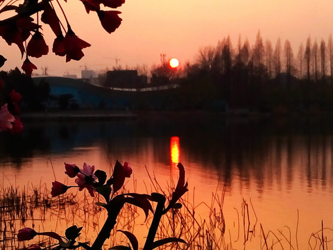 夕阳余晖映湖面