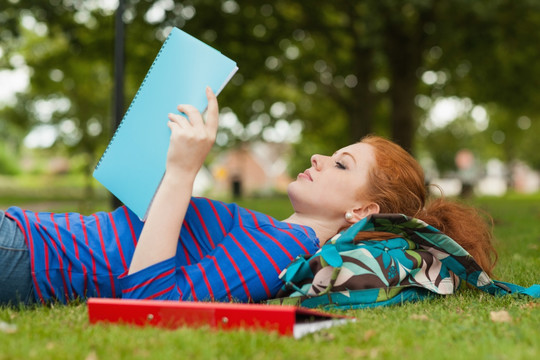 躺在草坪上看书的女学生