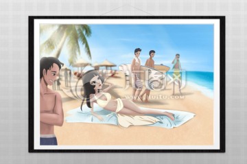 阳光沙滩下的性感美女插画