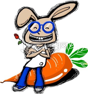兔子坐在胡萝卜上拿着玫瑰花