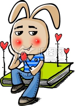 插画兔子坐在书上手拿玫瑰花