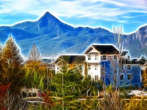 电脑画 山村印象