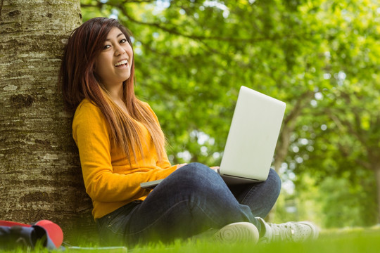 坐在树下使用笔记本电脑的女人