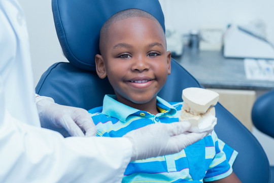 牙医在展示年轻男孩的假体
