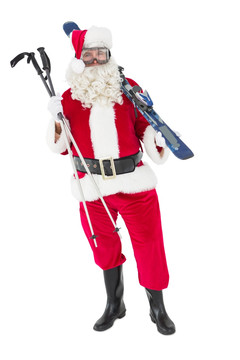 拿着滑雪工具的圣诞老人
