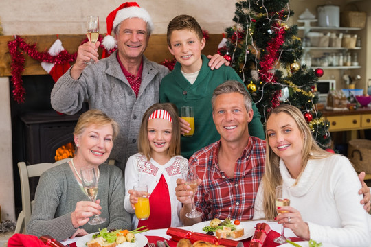 开心的家人举起酒杯庆祝圣诞节