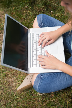 在公园里使用笔记本电脑的女人