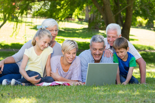 趴在草坪上用笔记本电脑的家人