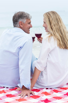 坐在沙滩巾上喝红酒的夫妇