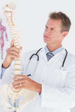 医生给病人看脊柱模型