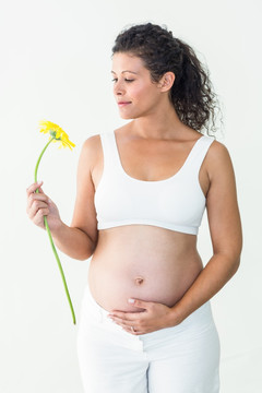 怀孕的女人看着黄色的花