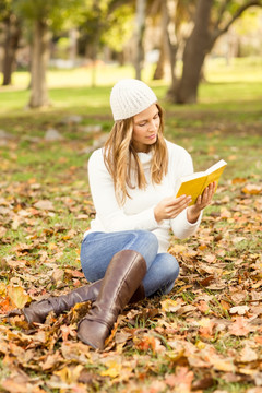 坐在秋叶上看书的女人