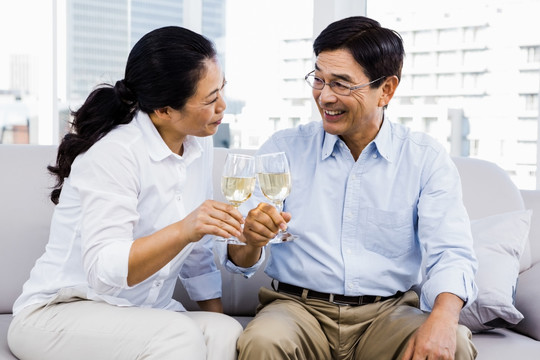 在客厅里干杯喝酒的夫妇