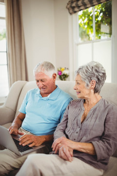 坐在沙发上用笔记本电脑的老夫妇