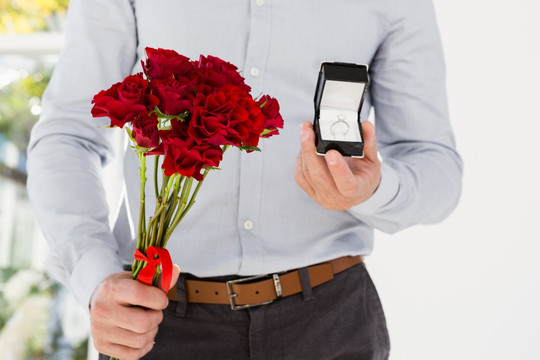 拿着玫瑰花和求婚戒指的男人