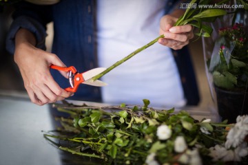 在花店里修剪茎叶的女人