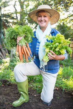 在菜园里拿着新鲜蔬菜的老太太