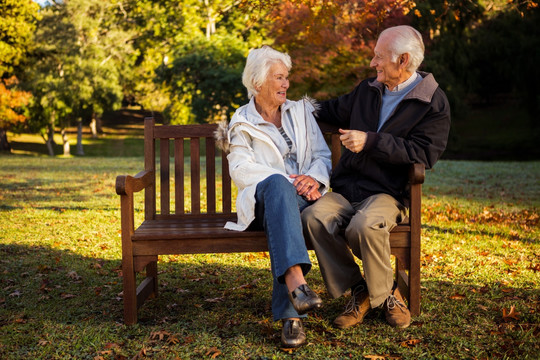 坐在公园长椅上的老夫妇