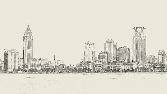 上海外滩全景线描 未分层
