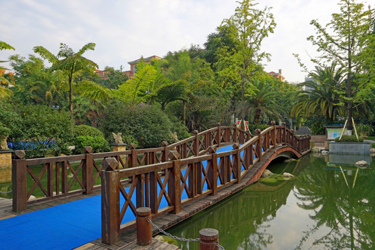 高档小区 池塘水景 木拱桥