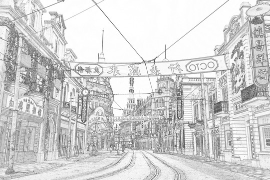 老上海街景线描