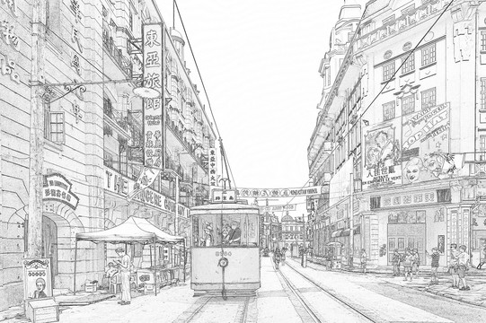 老上海街景线描