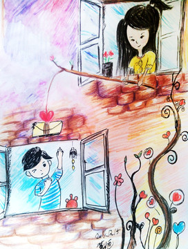 爱意传递情人节彩铅画