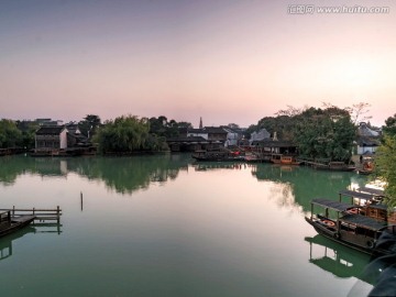 乌镇西栅 元宝湖夕阳晚霞全景