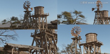 3D墨西哥荒野风车水箱木棚
