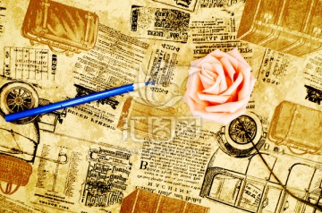 玫瑰花和铅笔 复古背景