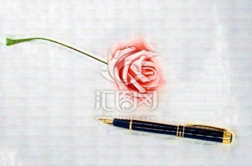 油画 玫瑰花和钢笔
