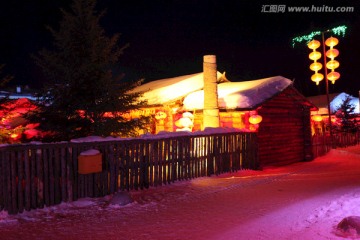 雪乡 夜景 灯光 红灯 灯笼