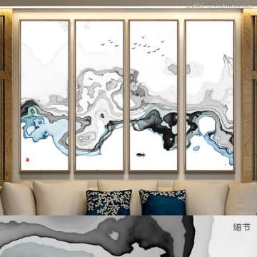 新中式客厅沙发书房水墨画