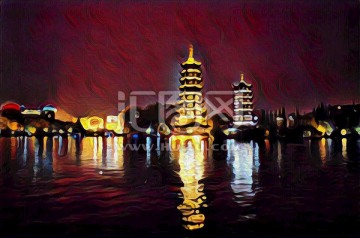 桂林日月双塔装饰画油画