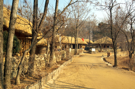 韩国民俗村 农户茅草房