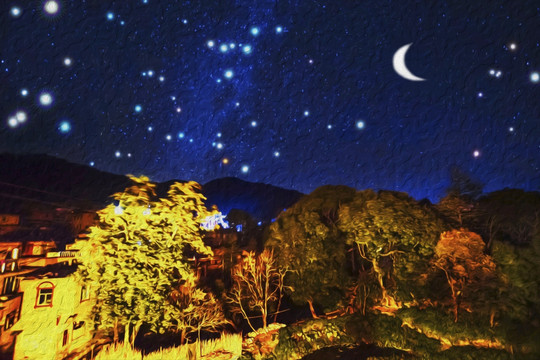 山村星月夜（油画）