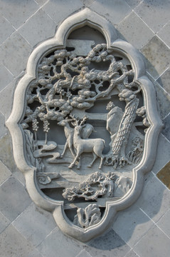 中式福禄寿喜砖雕墙